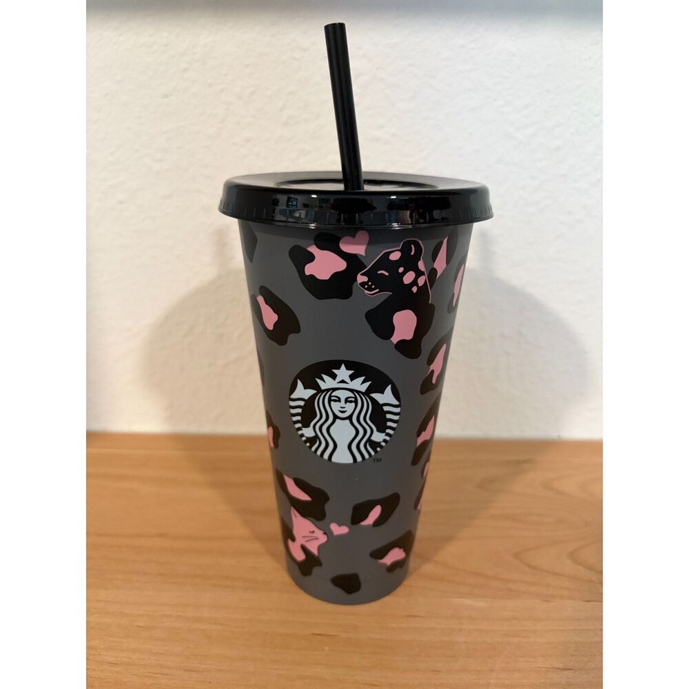 Starbucks Matte Charcoal Grey Pink Leopard Spot Cold Cup 24 Oz NWT